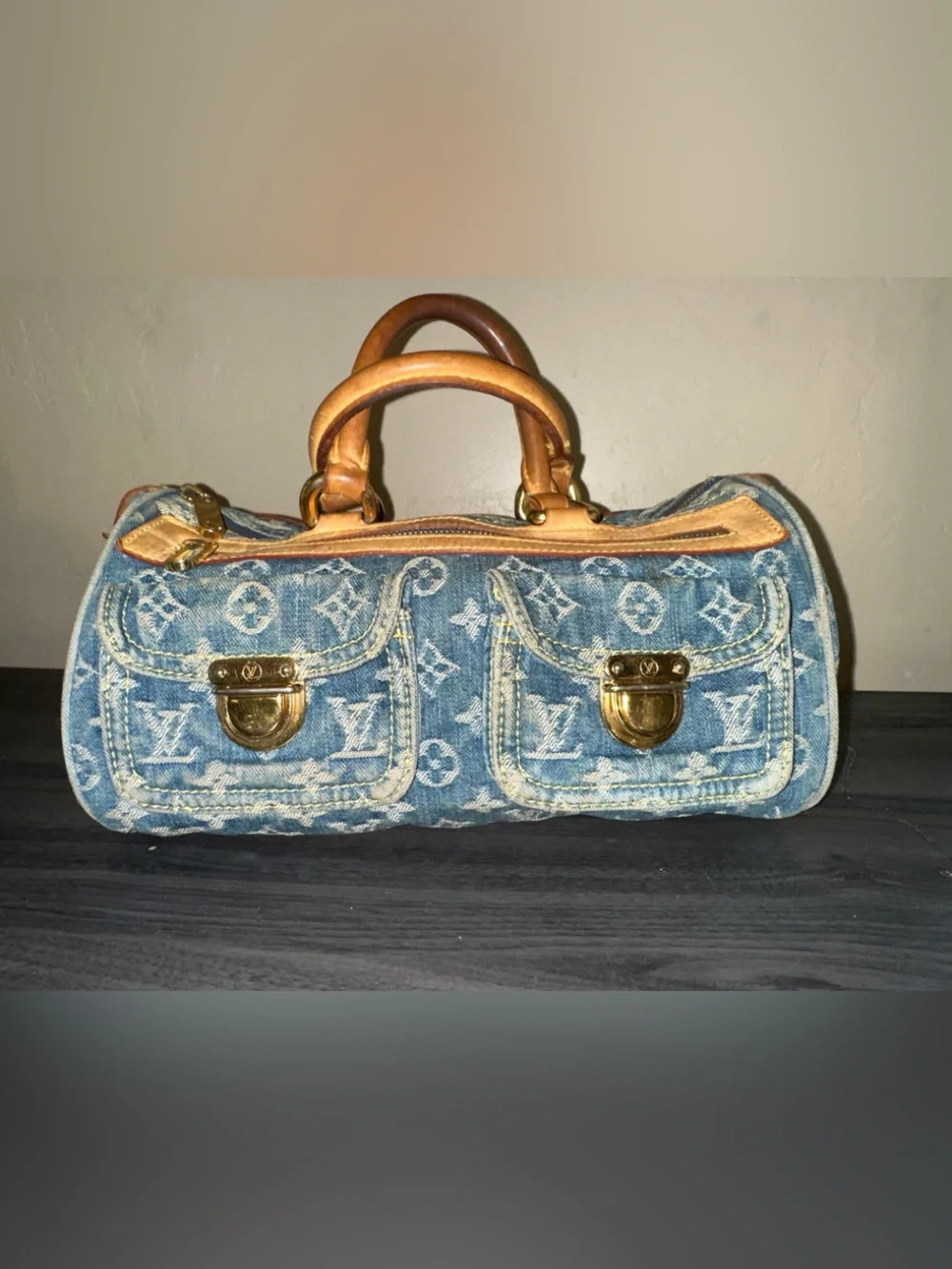 Louis Vuitton Blue Denim Speedy Monogram Satchel with Tan Leather Trim - Picture 1 of 13